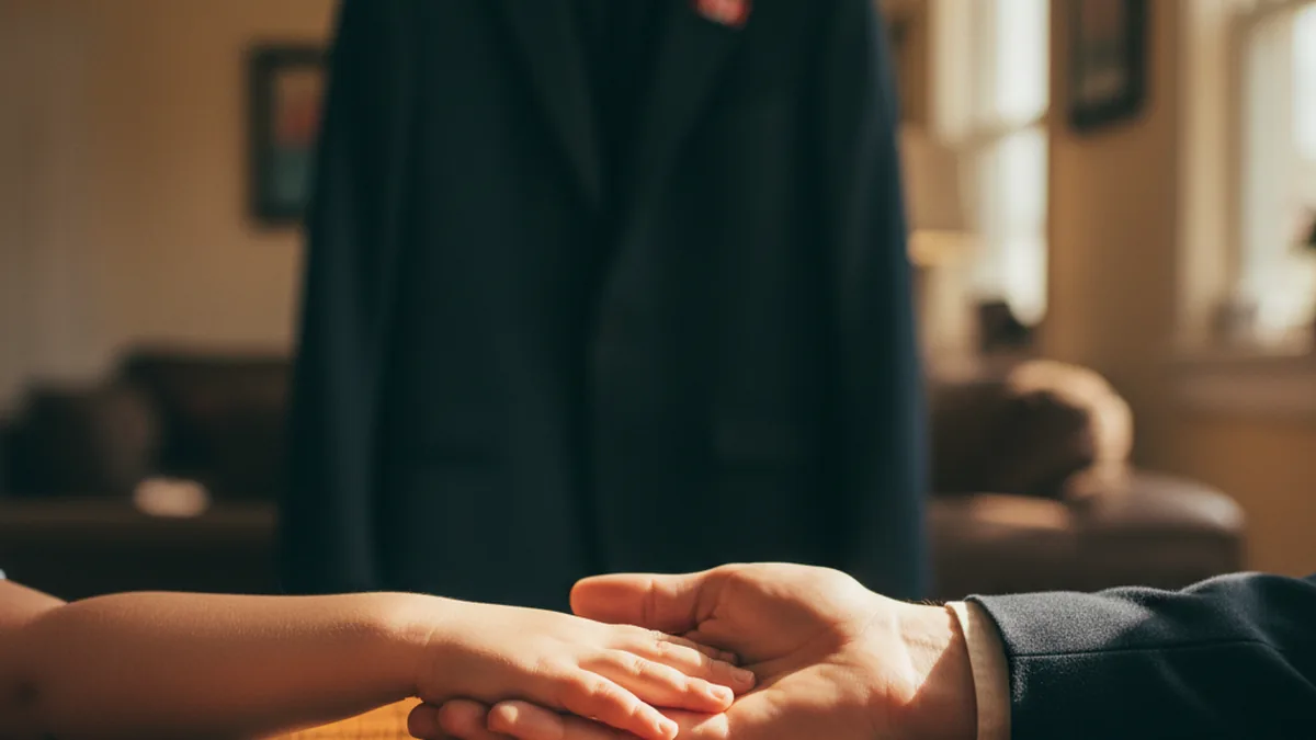 Two anonymous adult hands gently held together on a wooden table with Canadian flag pin in soft background