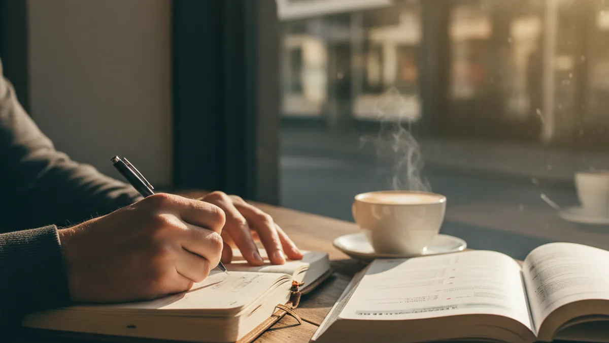 Anonymous person writing in a notebook beside an open IELTS preparation book and a latte in an Edmonton coffee shop at late afternoon
