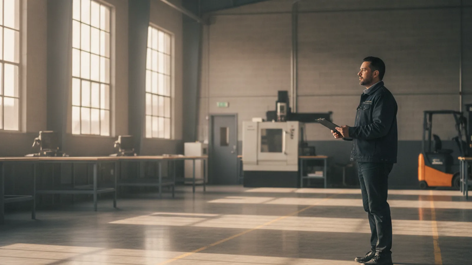A manager with a clipboard surveys a spacious mostly empty Alberta manufacturing workshop with unfilled workstations