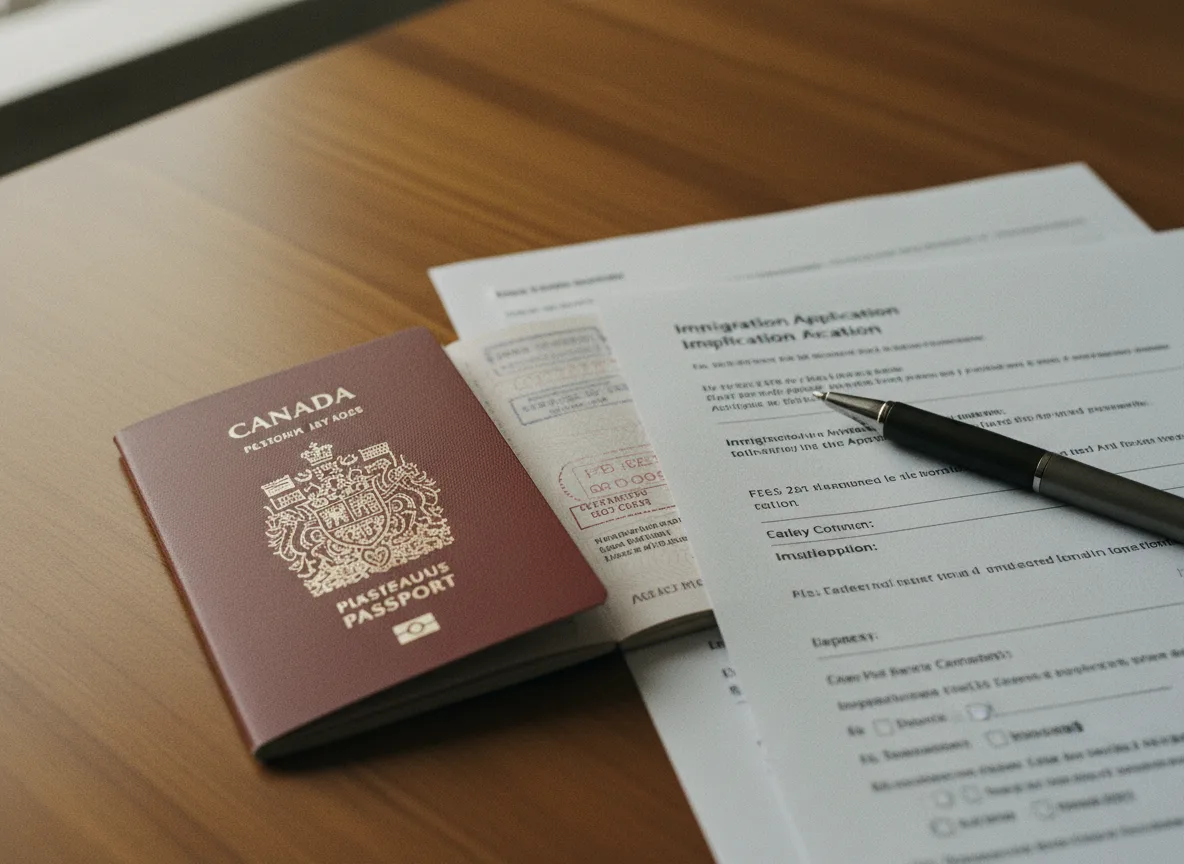Essential Documents for Your Citizenship Application Close-up of an open Canadian passport and immigration application forms on a wooden desk.
