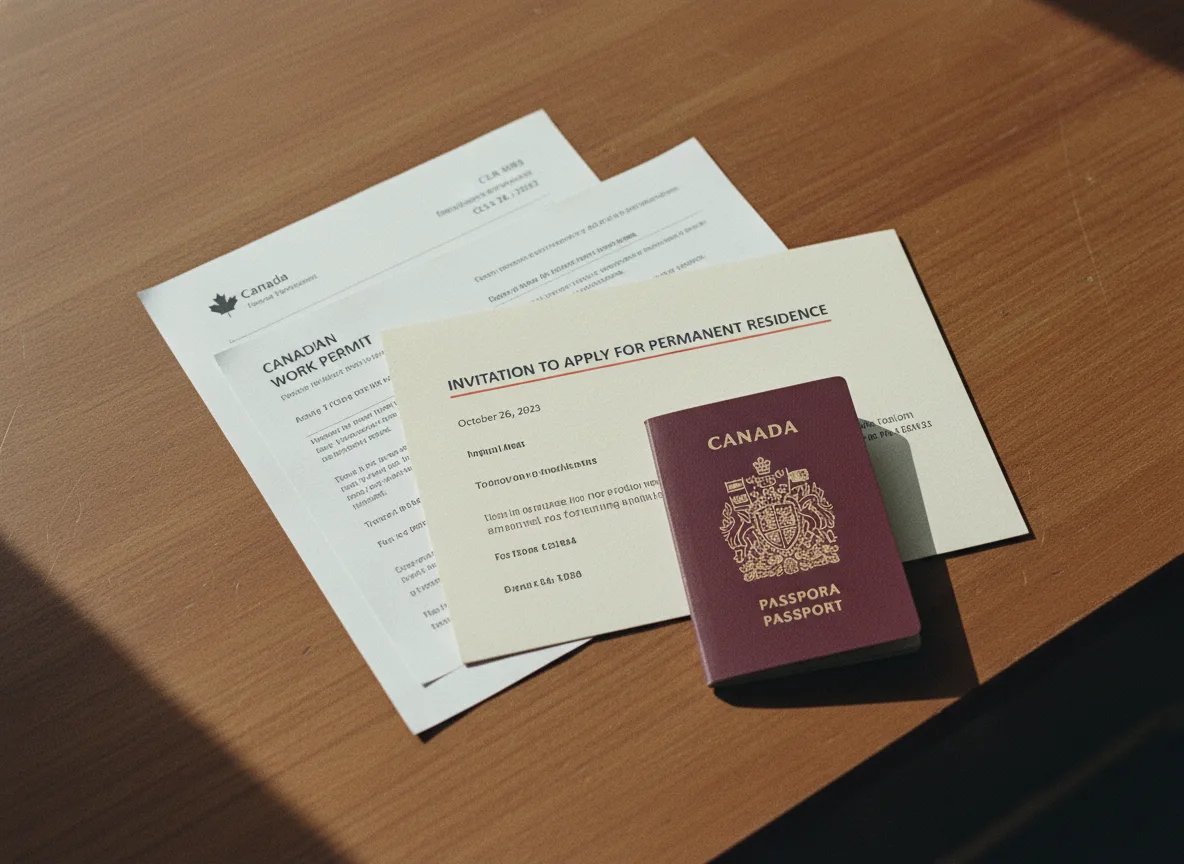 CEC Eligibility Requirements Close-up of Canadian immigration documents, including a work permit and passport, laid out on a wooden desk, symbolizing the application process.