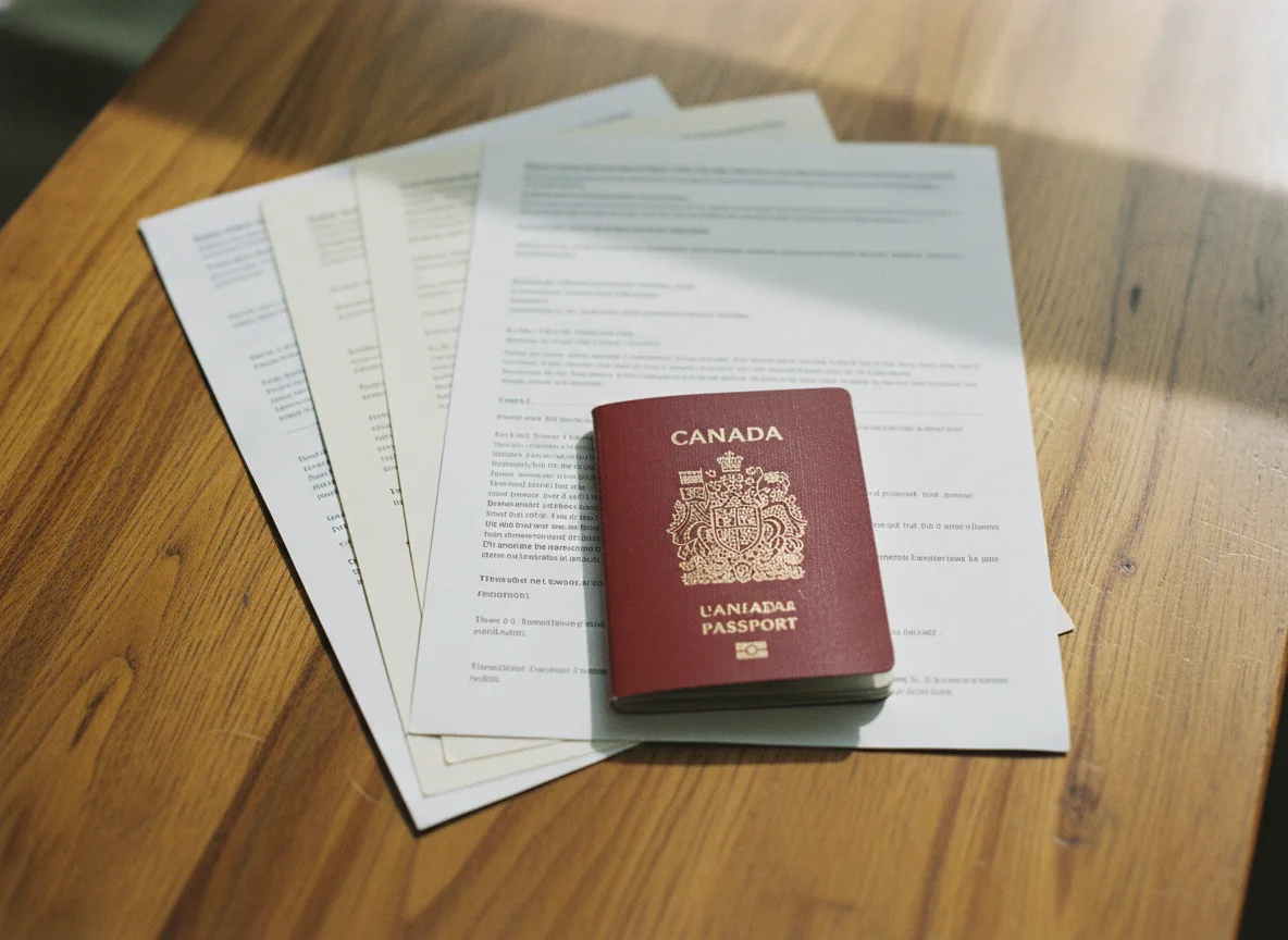 Essential Immigration Documents Close-up of Canadian immigration documents and passport on a wooden desk.