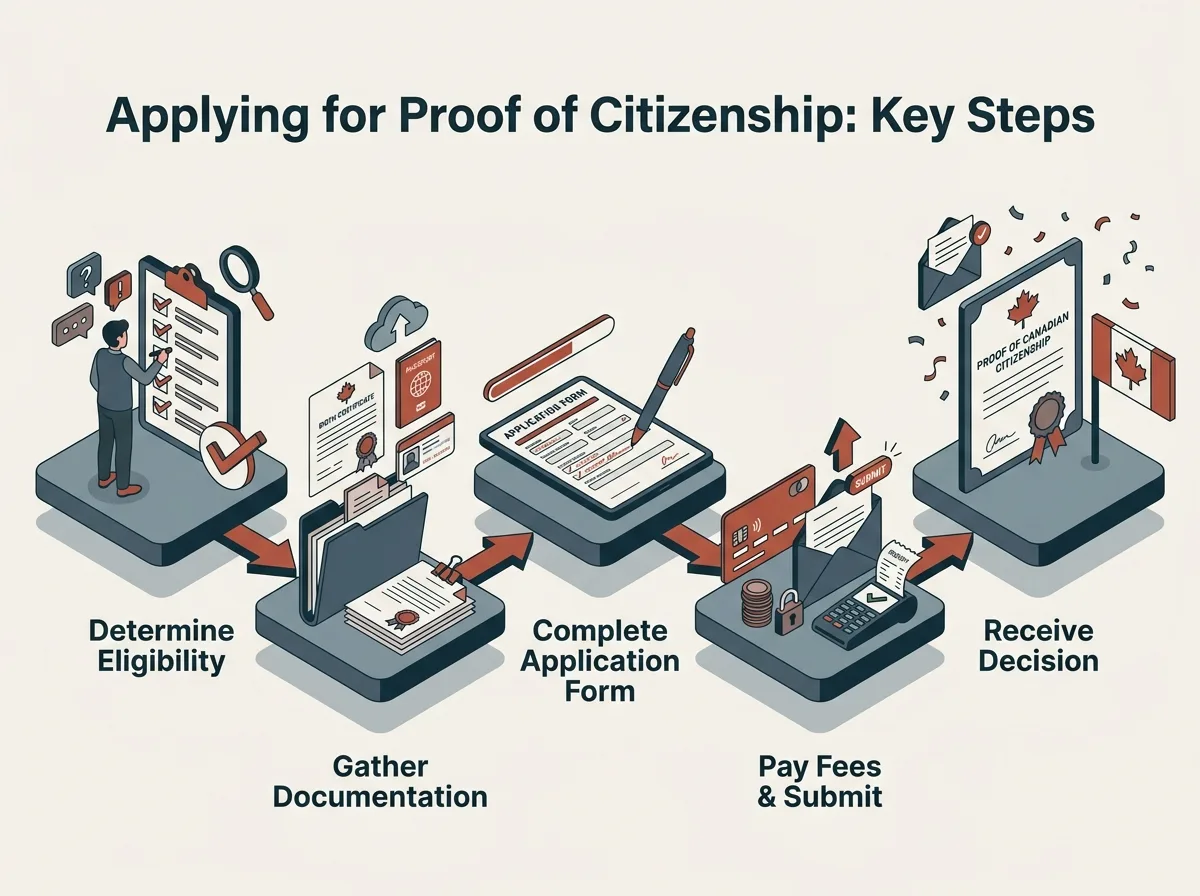 Step-by-Step Guide: Proving Your Canadian Citizenship Infographic outlining the five key steps to apply for Canadian Proof of Citizenship.