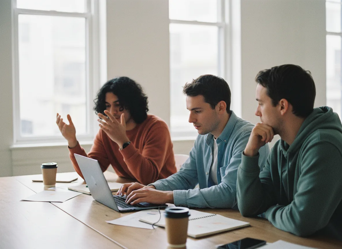 Building Your Start-Up Team in Canada Three diverse entrepreneurs collaborating around a table in a modern co-working space, symbolizing teamwork and innovation.