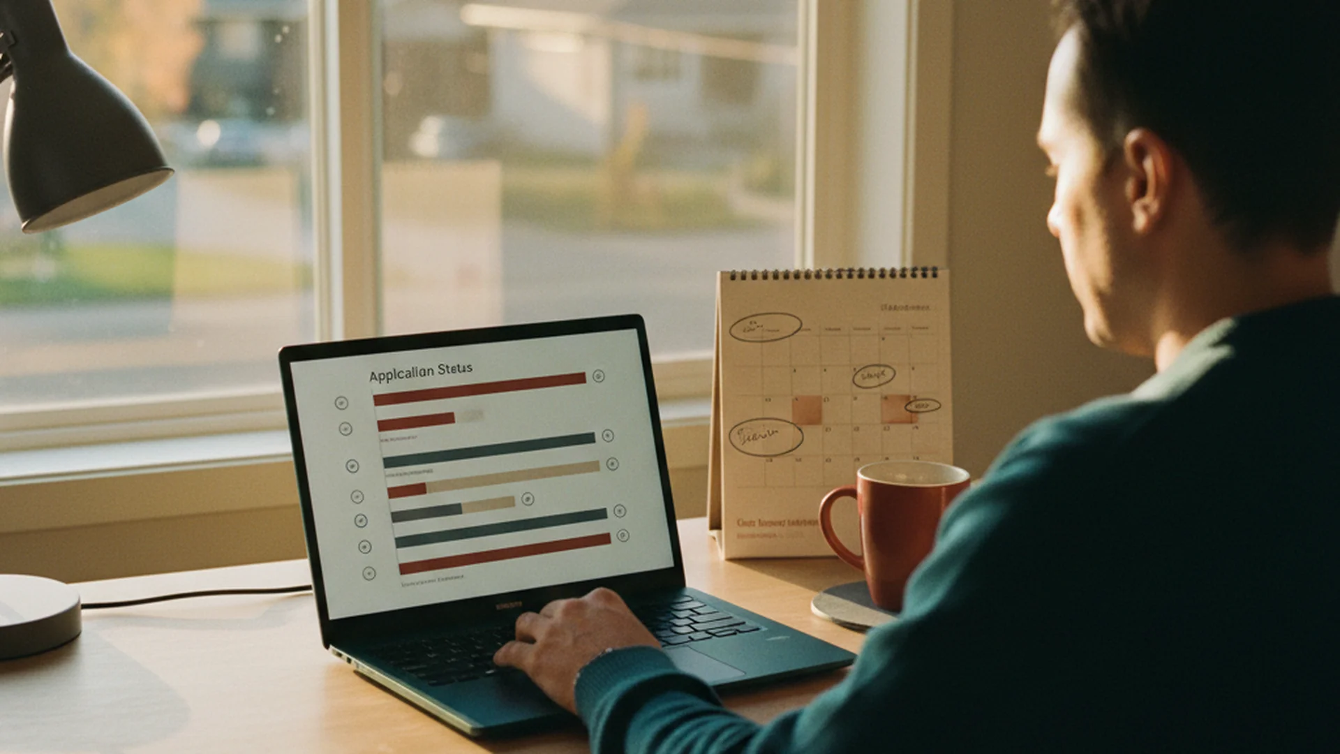 Anonymous AAIP applicant at a home office desk checking application status on a laptop calendar, with a printed paper calendar showing tracked milestones.