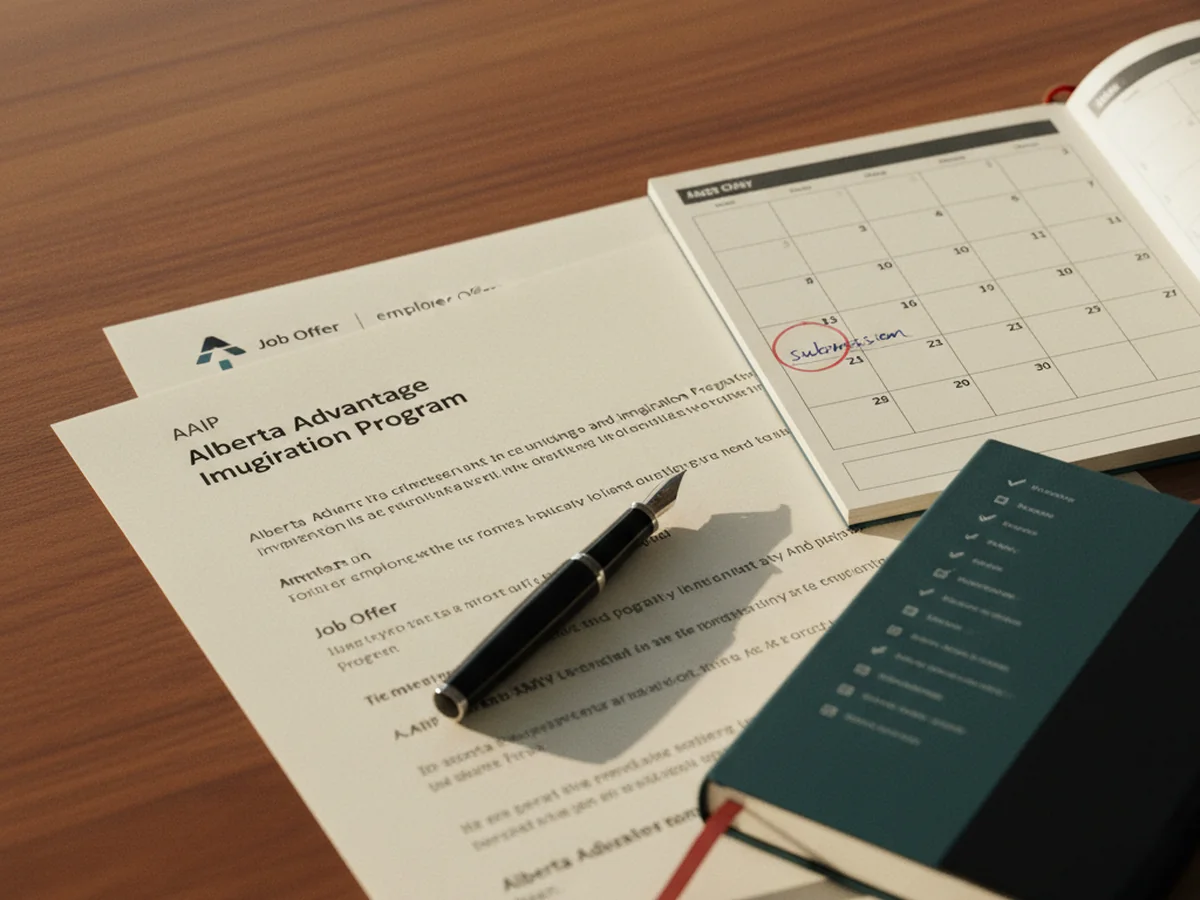 AAIP Application Documents Close-up of AAIP application paperwork, an Alberta employer offer letter, and a calendar marked with key processing milestones on a warm wood desk.