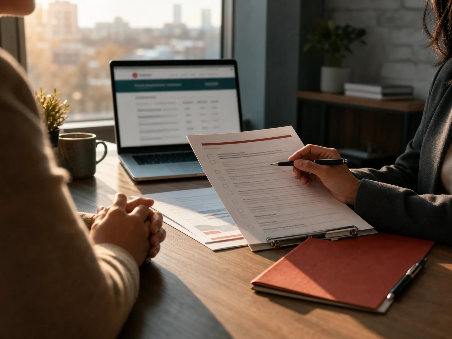 Edmonton immigration consultation document review Anonymous immigration consultant reviewing a checklist and documents with an Edmonton client