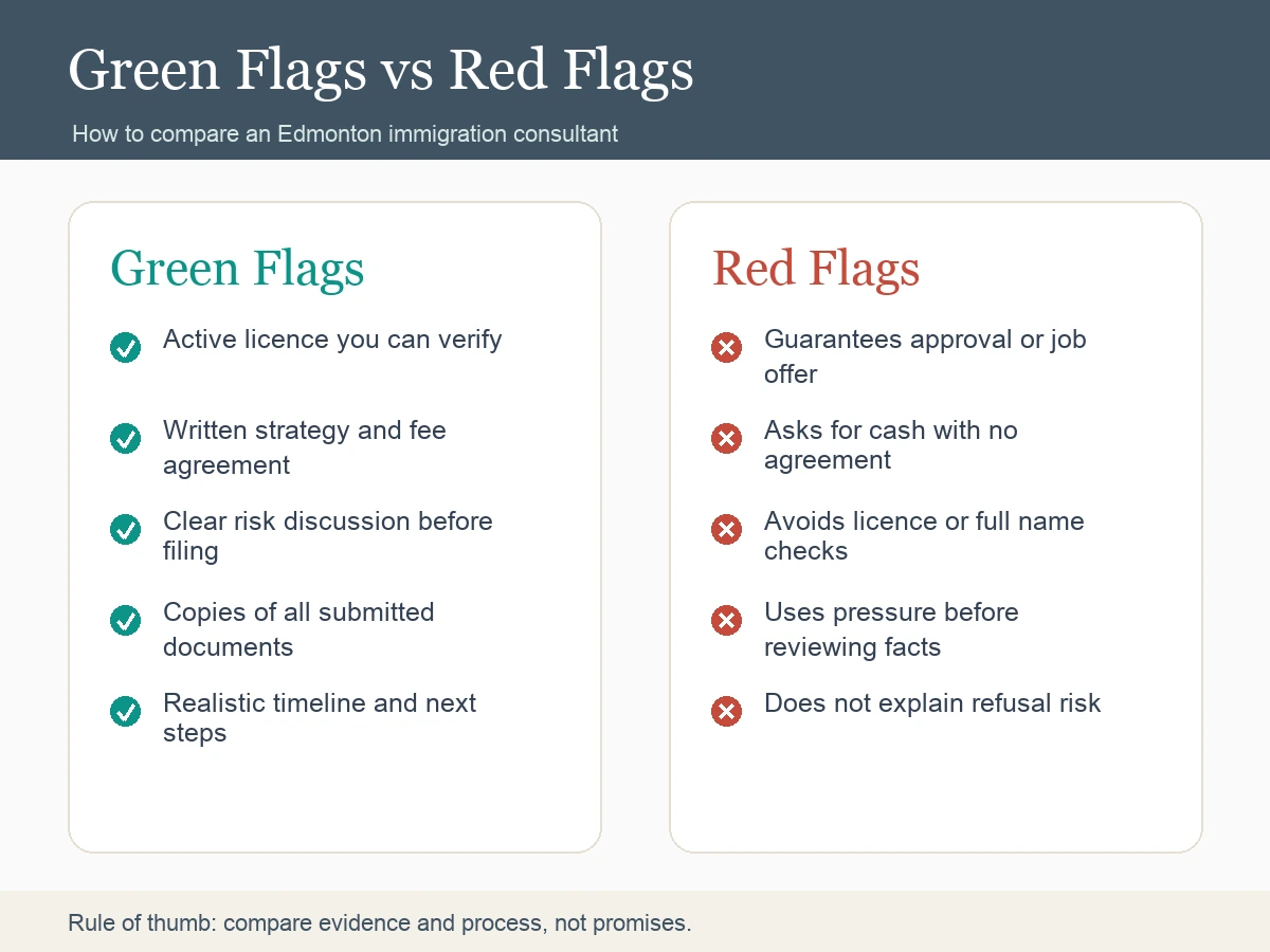 Immigration consultant green flags and red flags infographic Green flags and red flags when choosing an Edmonton immigration consultant