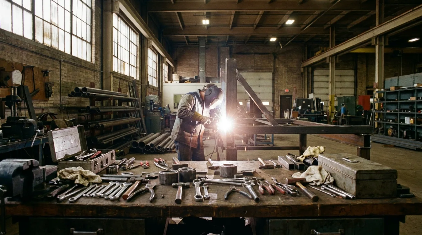A welder's station in a Canadian workshop with a bright welding arc and tools on a workbench.
