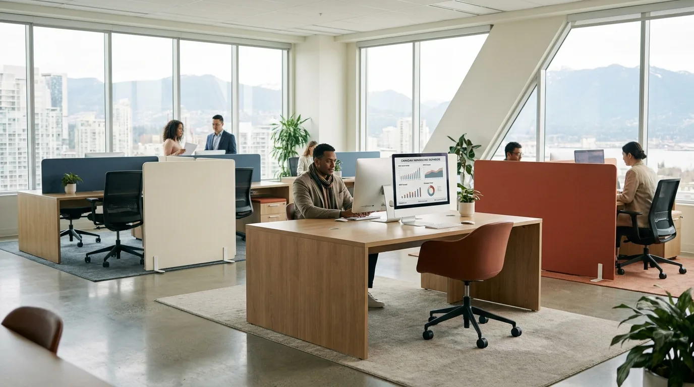 Wide shot of a modern Canadian office, a professional reviewing data on a screen, symbolizing strategic immigration planning.