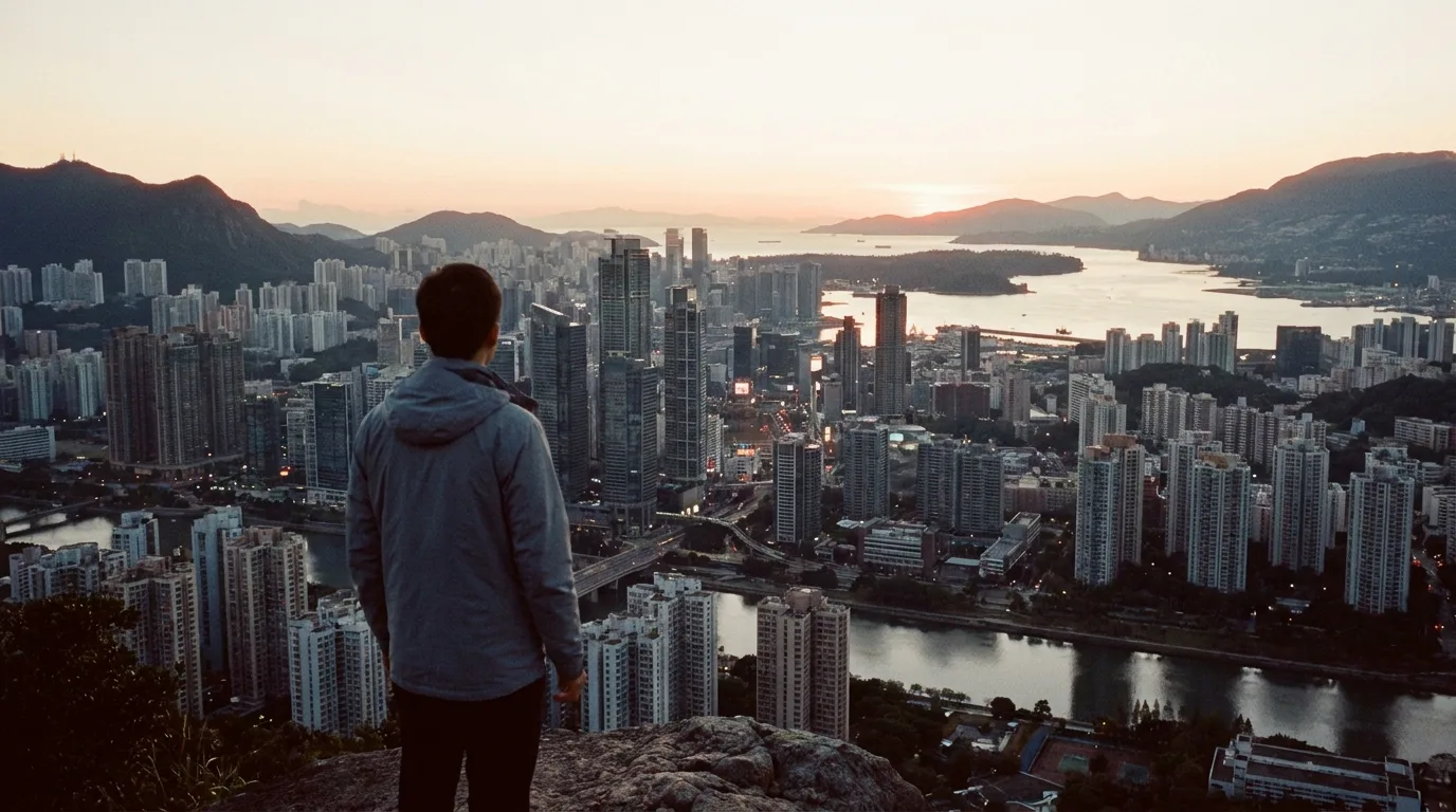 Anonymous person looking out over a Canadian city at dawn, symbolizing aspiration for a new life without a job offer.