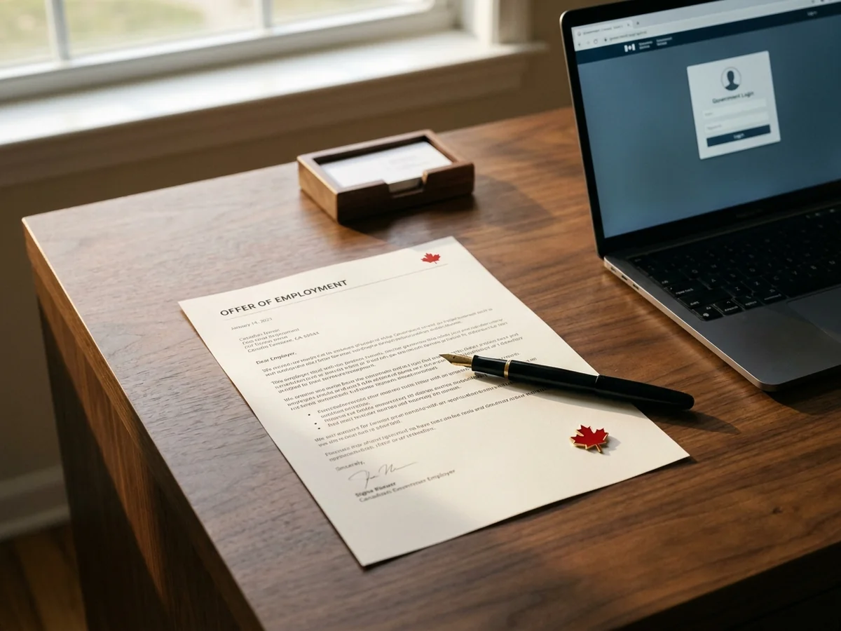 LMIA-Exempt Employer Offer Preparation Canadian employer desk with a printed Offer of Employment letter on warm walnut wood, fountain pen, business card holder, and a laptop in soft focus showing a government portal login interface.