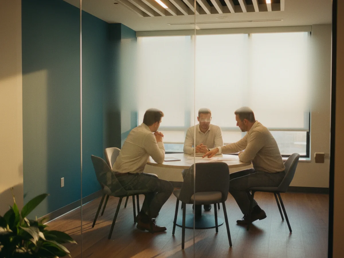 LMIA-Exempt Workers Settling Into Their New Roles Three anonymous professionals at a glass-walled meeting room, viewed from outside through warm afternoon window light, suggesting a successful international hire integration.