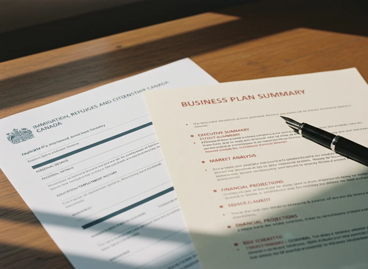 Preparing Your Start-Up Visa Application Close-up of Canadian immigration application forms and a business plan document on a wooden desk.