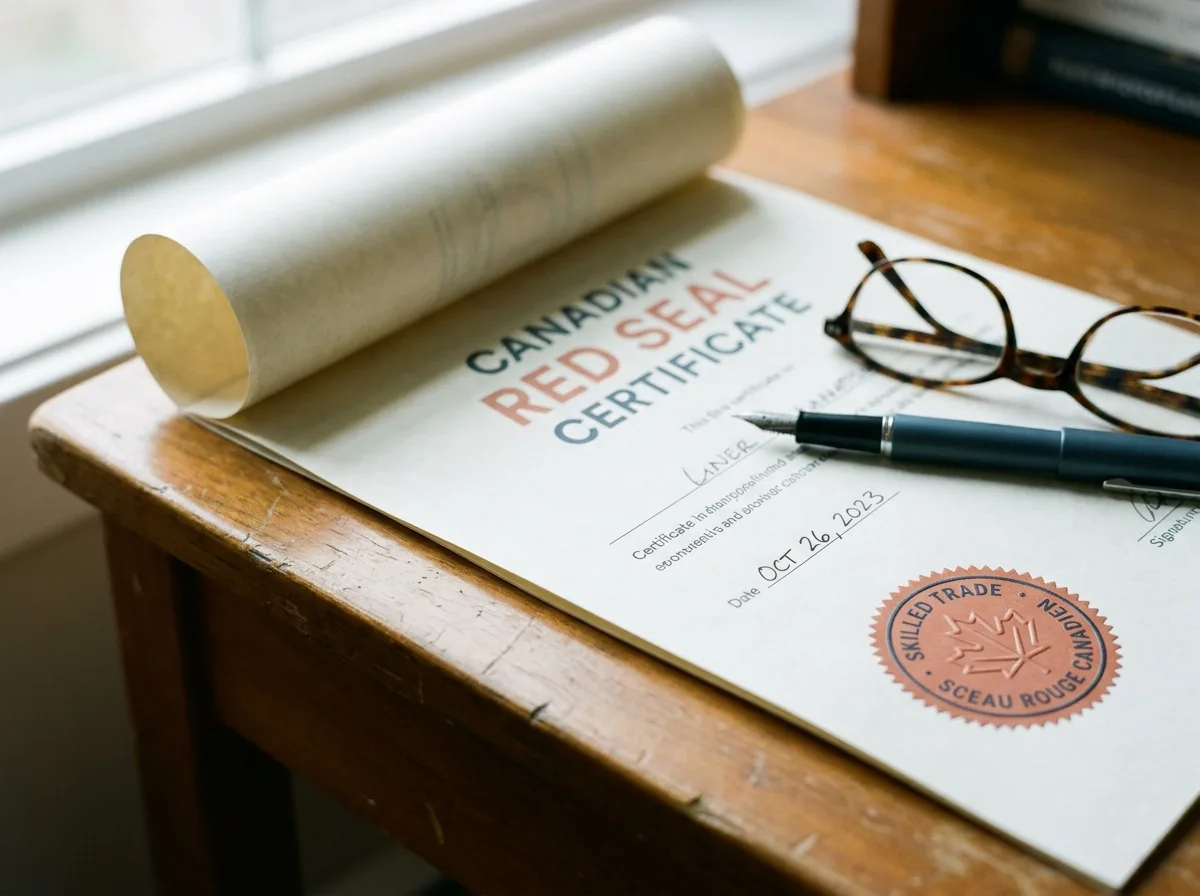 The Importance of Red Seal Certification Close-up of a Canadian Red Seal certificate on a wooden desk with a pen and glasses.