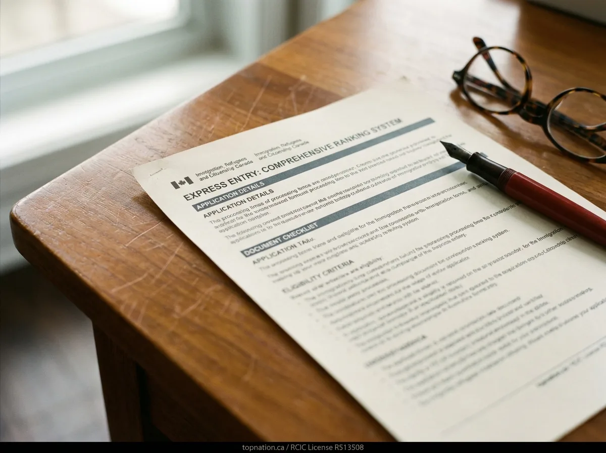 Understanding Your Express Entry Documents Close-up of an IRCC document on a wooden desk, with a pen and glasses, symbolizing the application process.