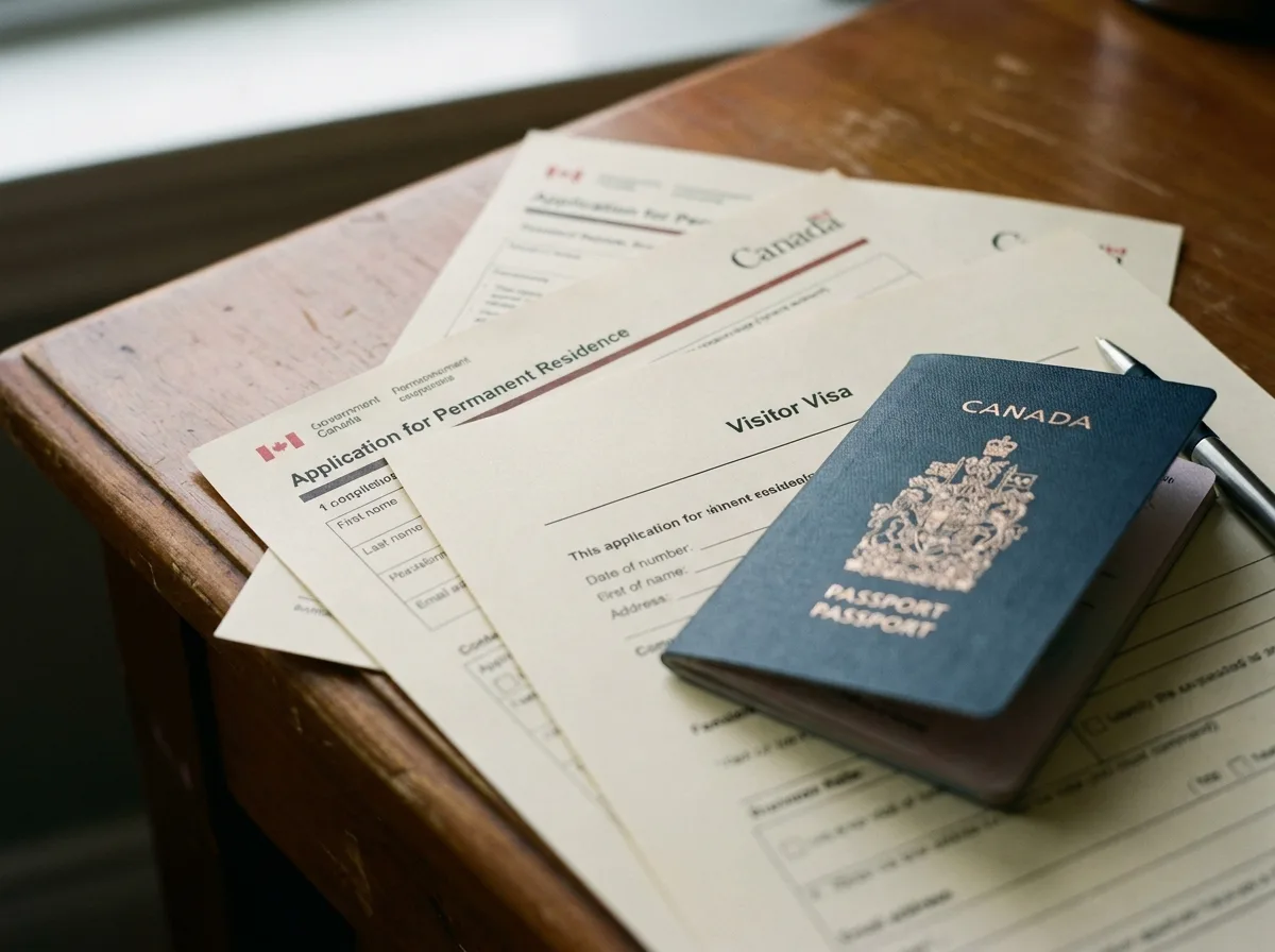 Preparing Your Application Close-up of Canadian immigration documents and passport on a wooden desk, symbolizing the application process.