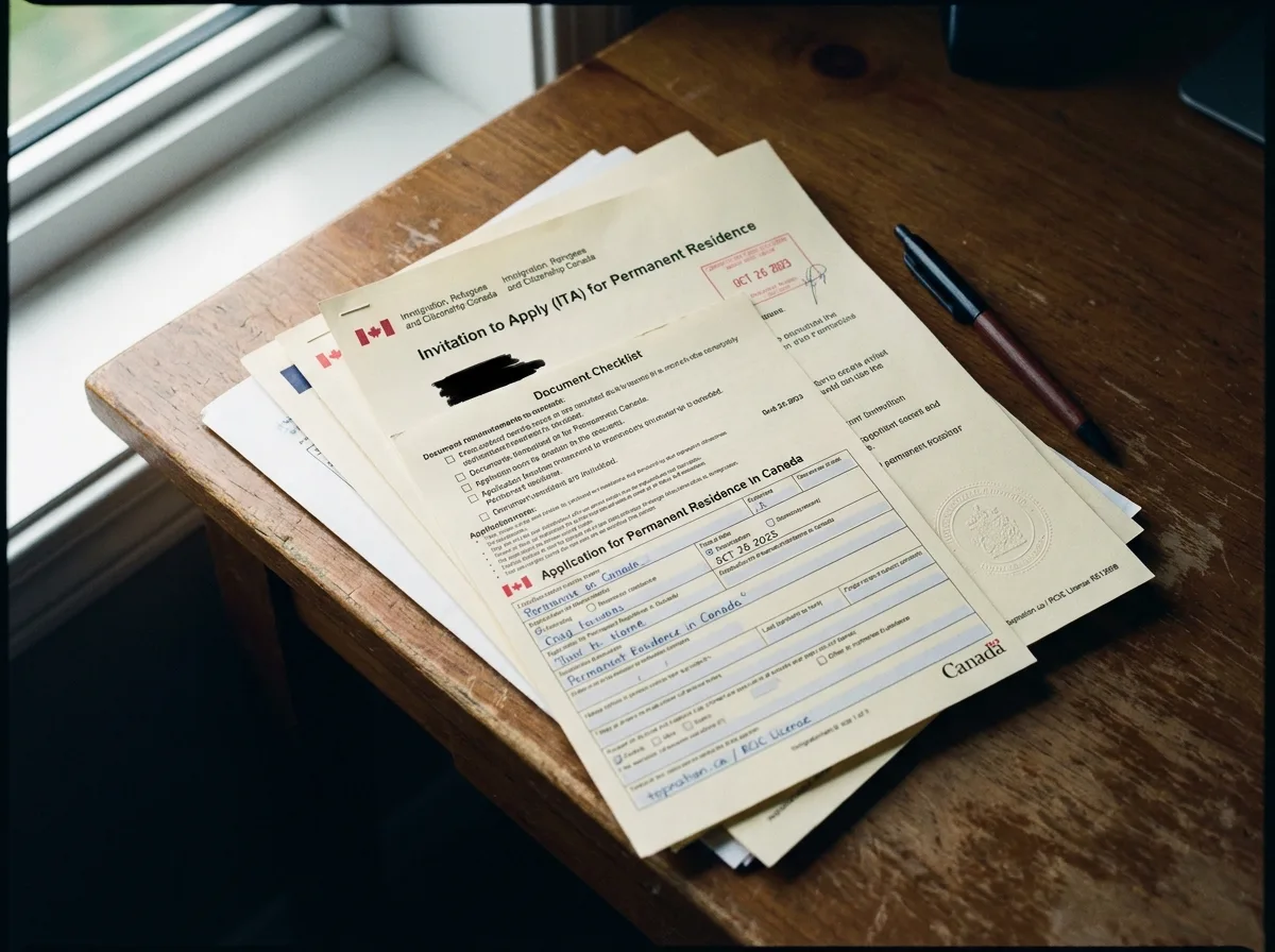 Essential Documents for Express Entry Close-up of Canadian immigration documents and forms on a wooden desk.