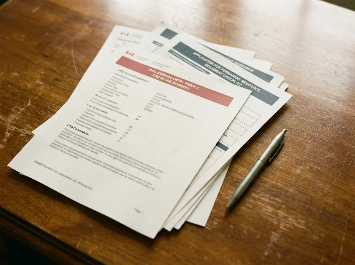 Navigating Your CEC Application Documents Close-up of Canadian immigration application forms and a pen on a wooden desk, symbolizing the application process.