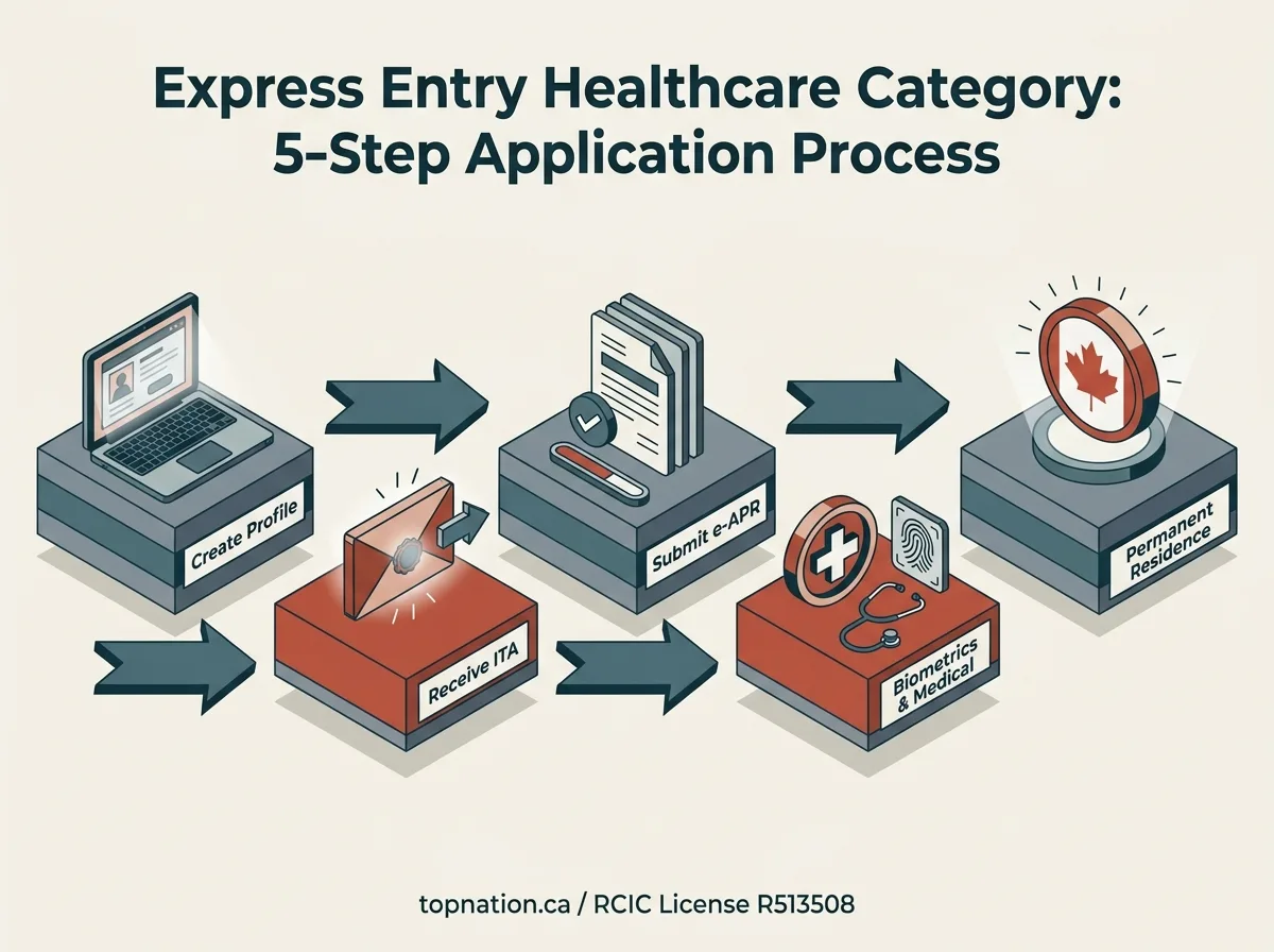 Express Entry Healthcare Category: 5-Step Application Process Infographic showing 5 steps for Express Entry Healthcare Category application.