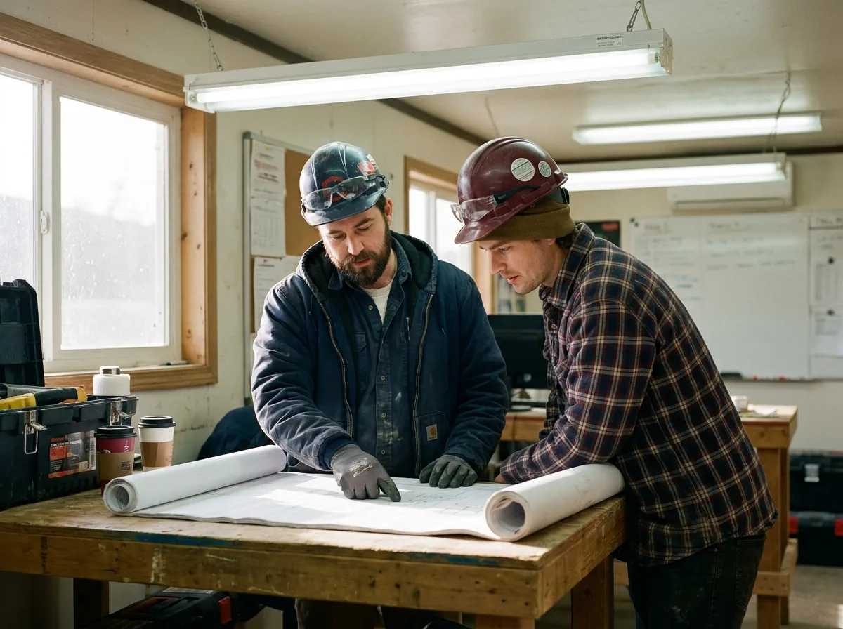 Collaboration in Canadian Trades Two trades professionals, an electrician and a carpenter, reviewing blueprints in a construction office.