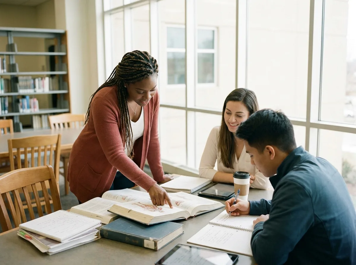 Preparing for a Healthcare Career in Canada Diverse group of healthcare students studying together in a modern library.
