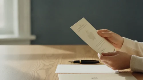 Anonymous hands holding a Canadian citizenship certificate with a subtle embossed maple-leaf motif over a warm wood desk in soft window light.