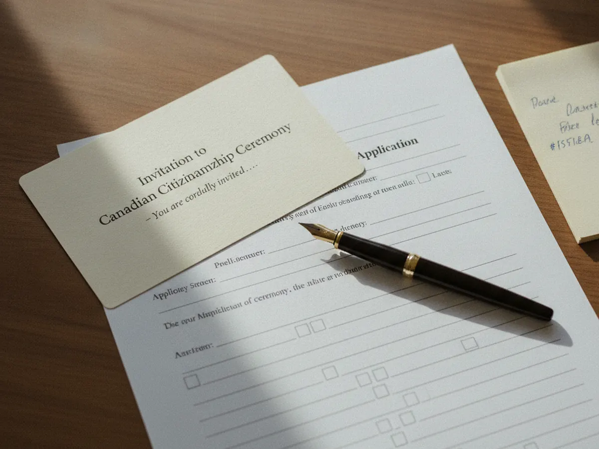 Canadian citizenship application form and oath ceremony card with a fountain pen on a wood desk.
