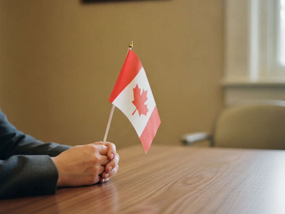 Anonymous hands holding a small Canadian ceremony flag at a quiet table.