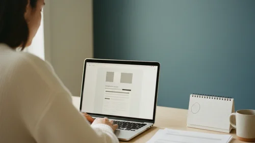 Anonymous over-the-shoulder view of a person checking an immigration application status on a laptop at a neutral desk with documents and a wall clock.