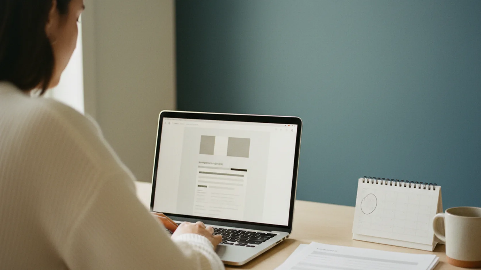 Anonymous over-the-shoulder view of a person checking an immigration application status on a laptop at a neutral desk with documents and a wall clock.