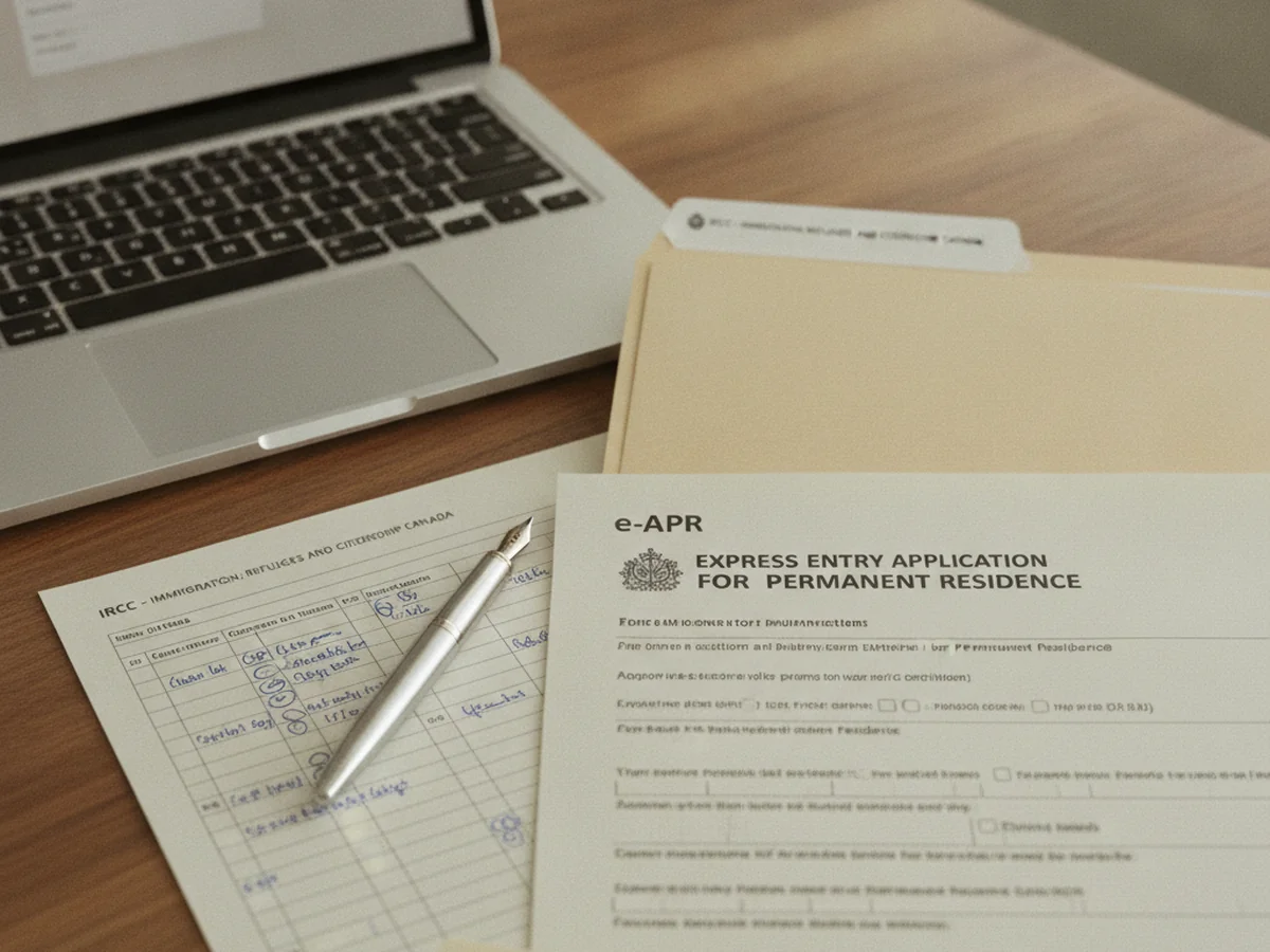 Express Entry application paperwork and a laptop on a warm wood desk.