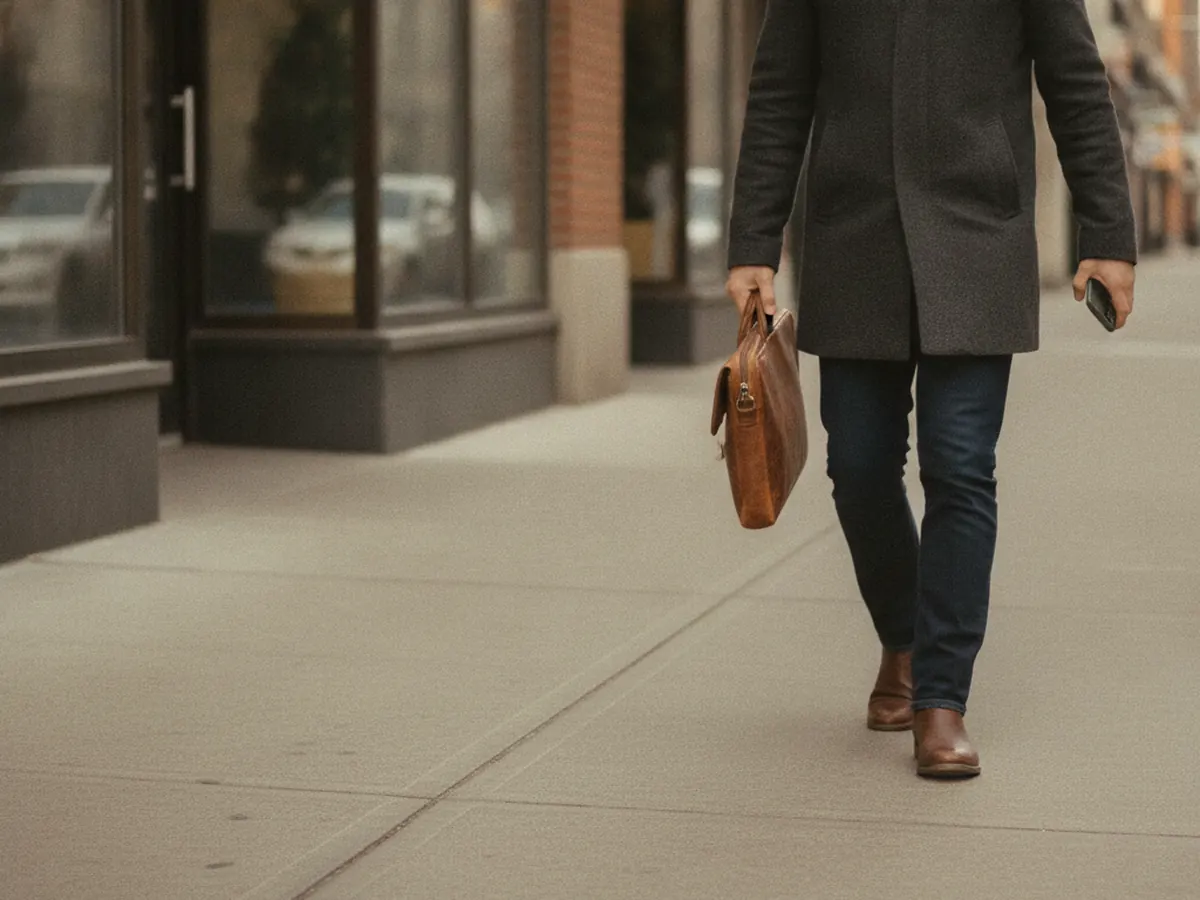 Anonymous professional walking through a Canadian urban setting with a laptop bag.