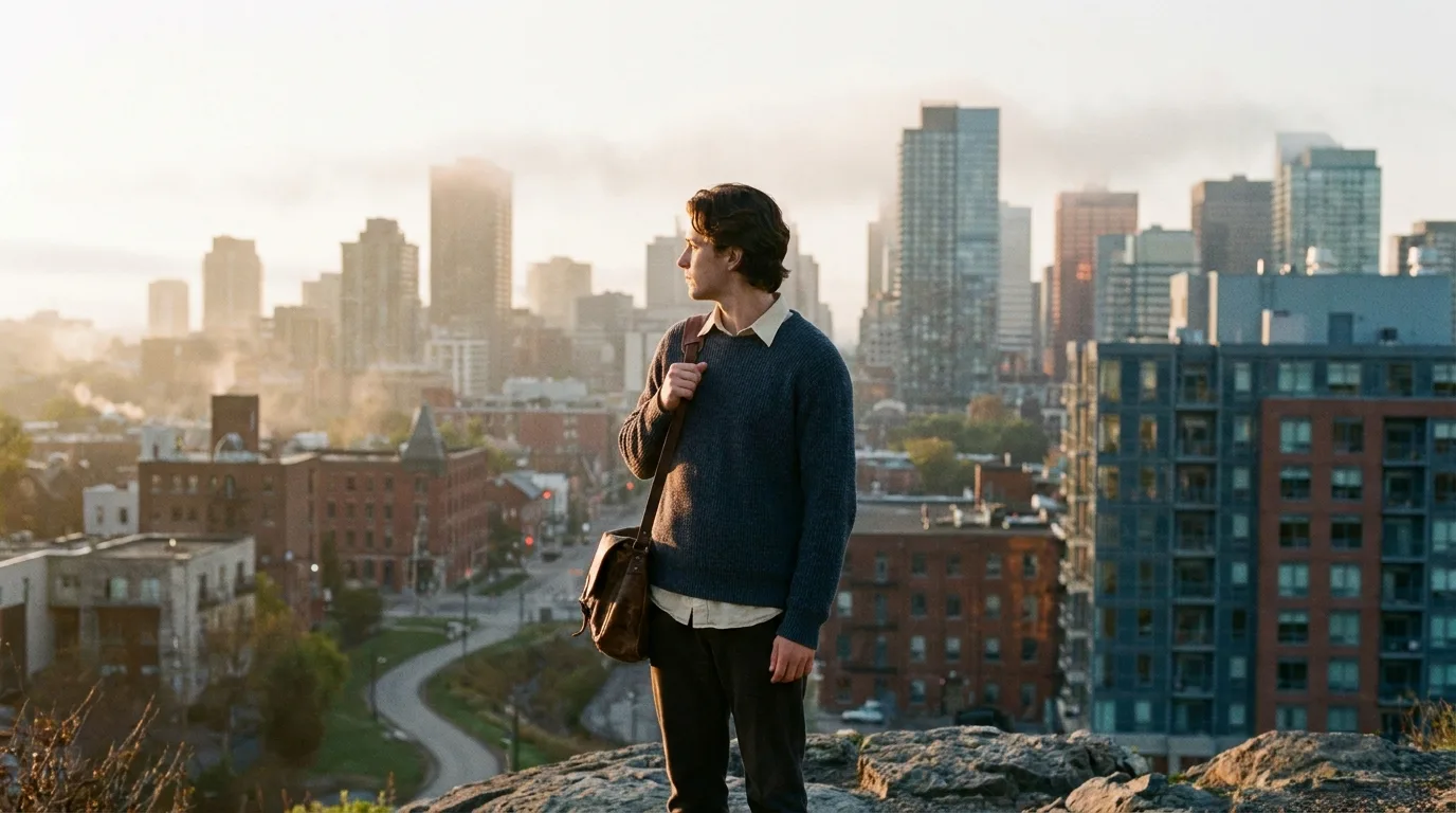 An international graduate overlooking a Canadian city at dawn, symbolizing new opportunities.