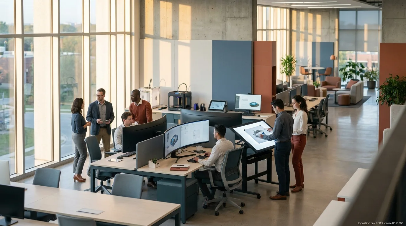 Wide shot of a modern, well-lit Canadian office or lab space, depicting a high-tech workstation from a distance, conveying a sense of professional work.