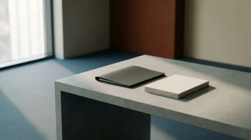 A wide shot of a minimalist office desk with a closed folder, emphasizing diligence and official scrutiny in immigration processes.