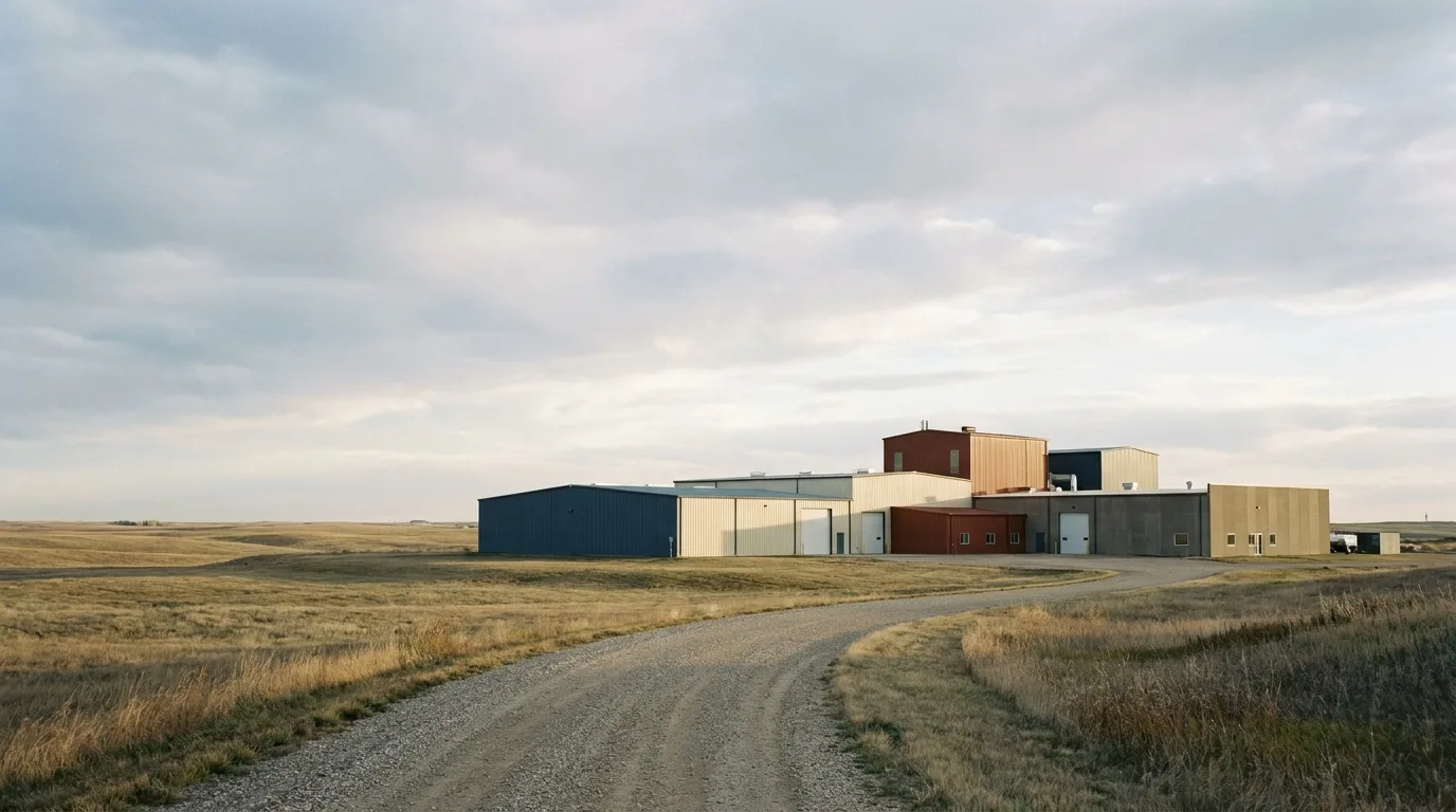 Wide shot of a modern manufacturing plant in Alberta under a big sky, symbolizing industrial opportunity.