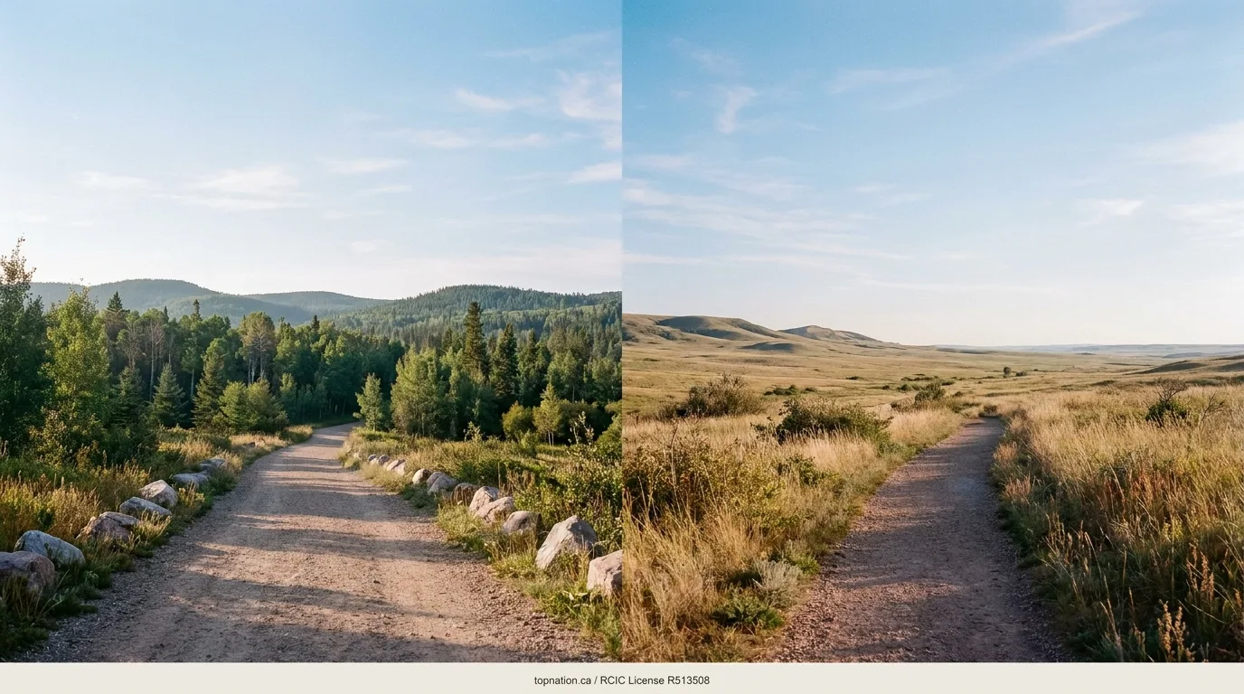 A scenic split pathway in a Canadian landscape, one side leading to a lush forest, the other to open prairies, symbolizing a choice between provincial opportunities.