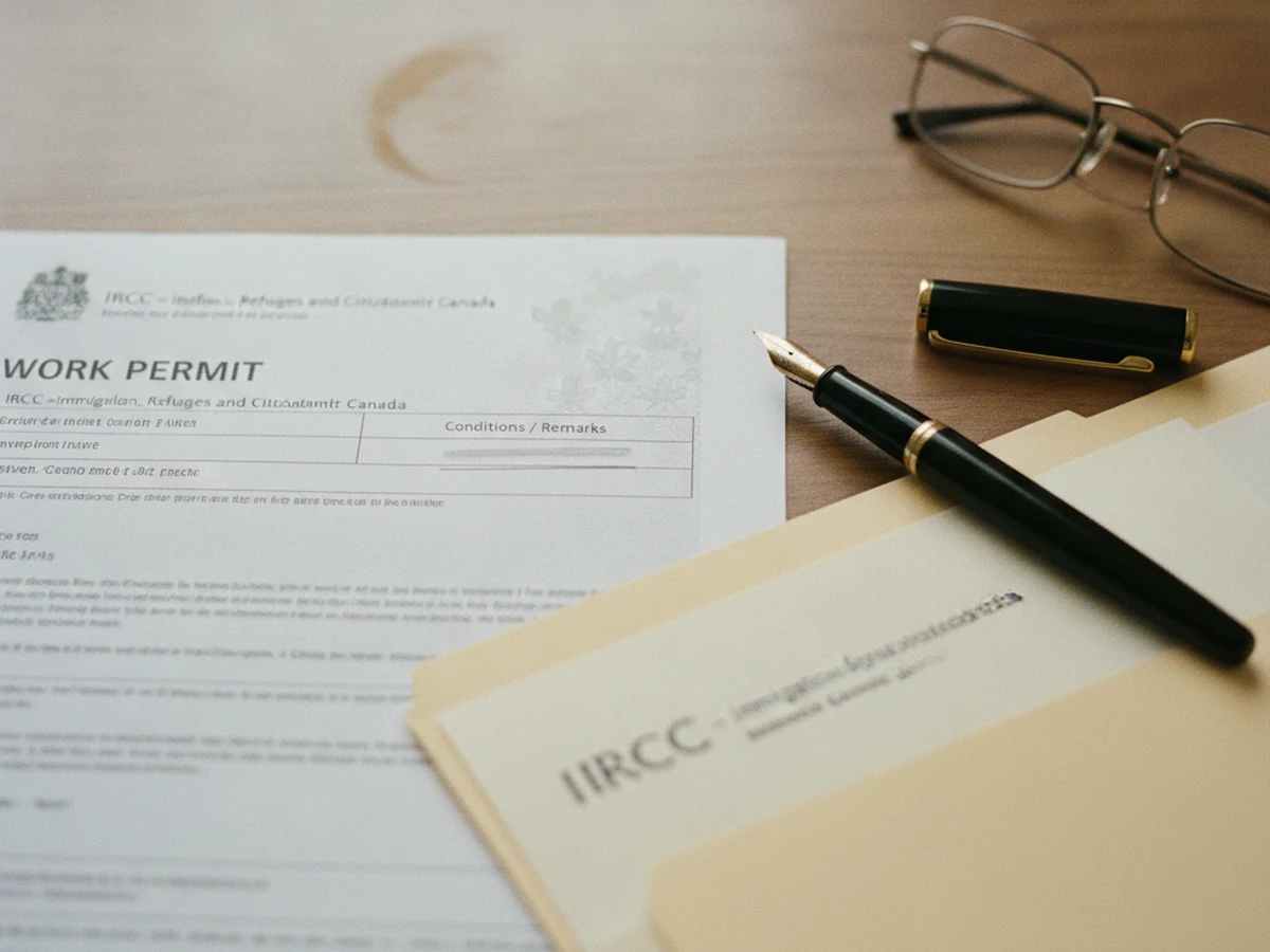 Close-up of a Canadian work permit showing the Conditions and Remarks section where the LMIA exemption code appears.