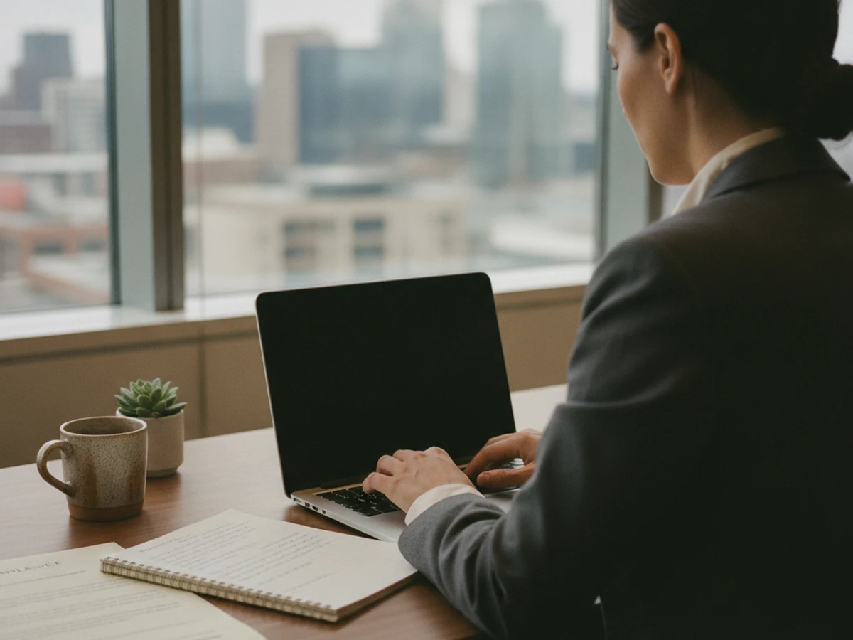 Over-the-shoulder view of an anonymous skilled professional working at a laptop in a Canadian office.