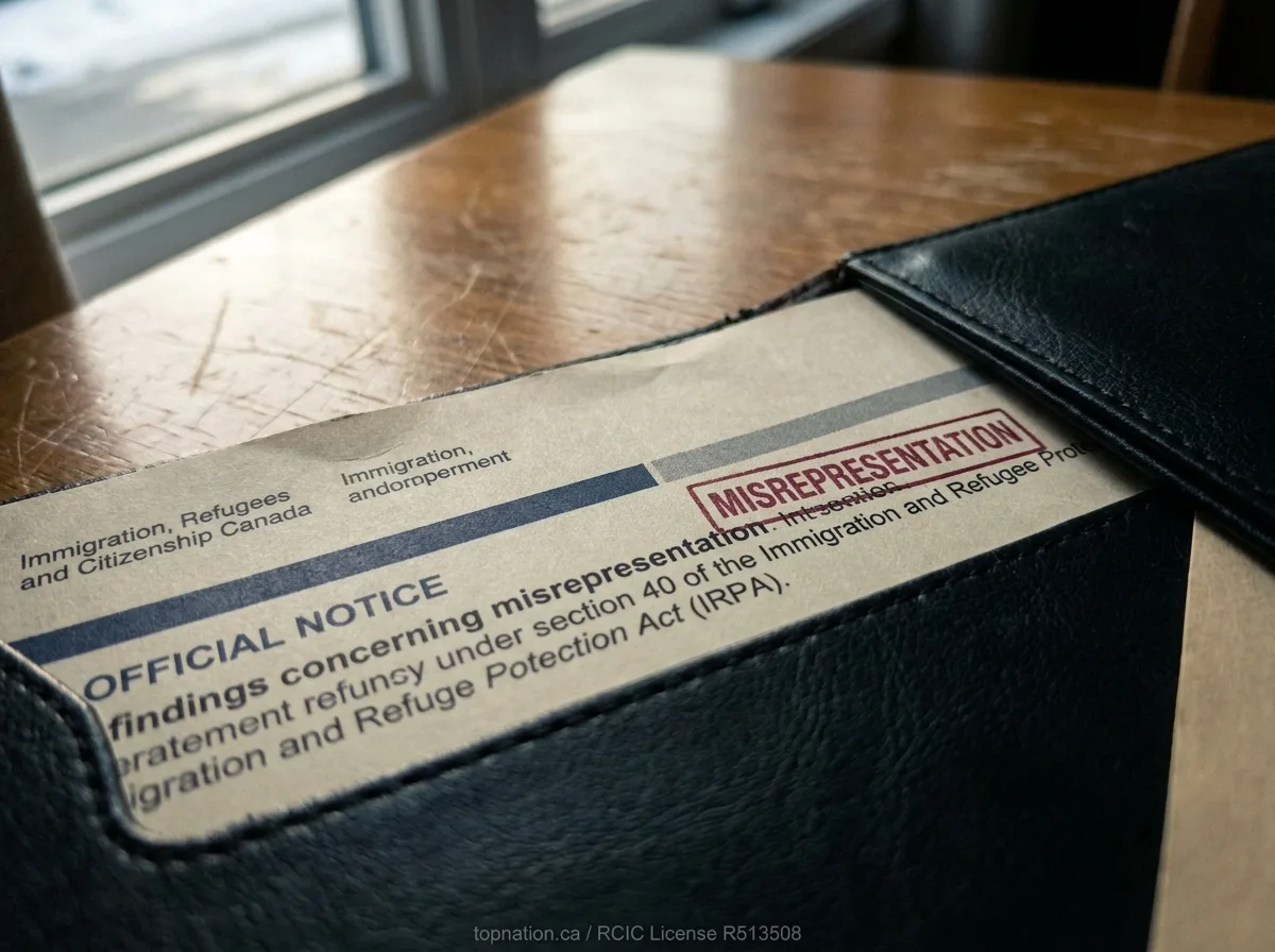 The Weight of a Misrepresentation Finding Close-up of an IRCC document with a 'Misrepresentation' stamp on a wooden desk.