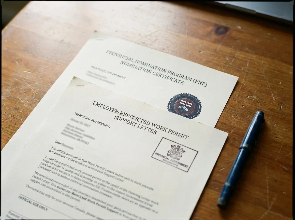 The Crucial Support Letter Close-up of a Provincial Nomination Program letter and a Work Permit Support Letter on a wooden desk.