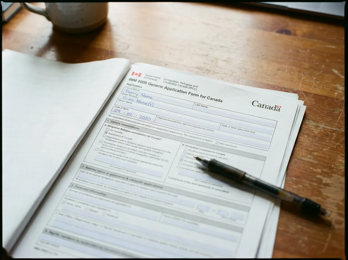 The Application Process Close-up of a Canadian immigration application form and a pen on a wooden desk.