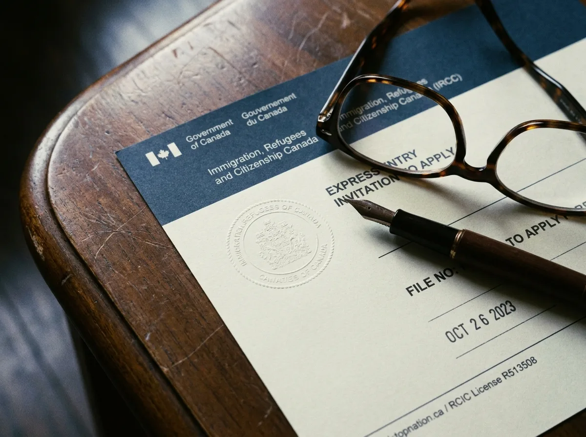 Navigating Official Documentation for Express Entry Close-up of an official Canadian job offer letter or IRCC document on a wooden desk, partially covered by reading glasses and a pen.