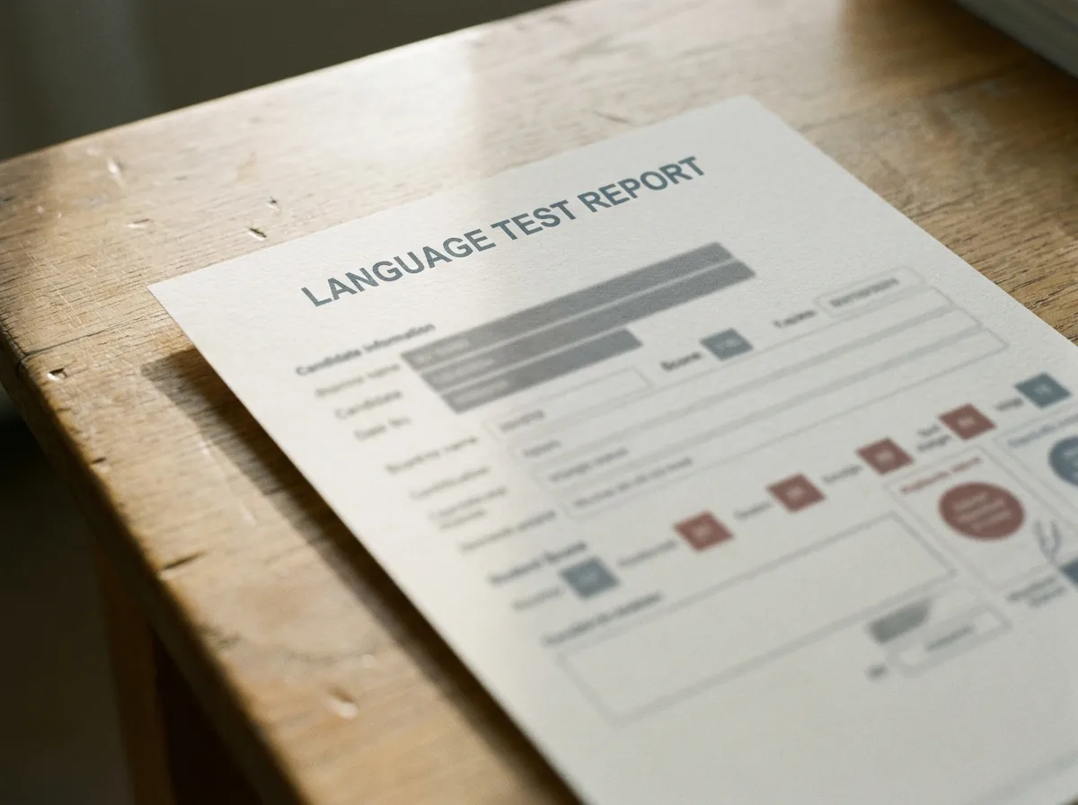 Authentic Language Test Results Close-up of a blurred language test result certificate on a wooden desk, symbolizing the importance of official test scores for immigration.