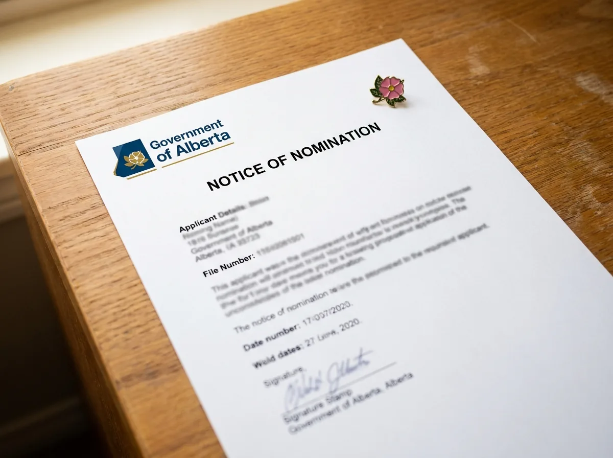 Official AAIP Nomination Letter Close-up of an Alberta Advantage Immigration Program (AAIP) nomination letter on a desk with an Alberta wild rose pin.