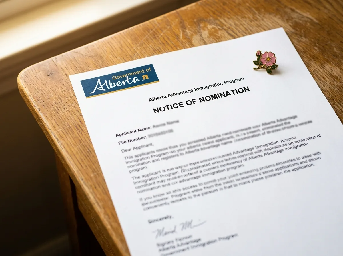 Alberta Advantage Immigration Program Nomination Close-up of an Alberta Advantage Immigration Program (AAIP) nomination letter on a wooden desk with a wild rose pin.
