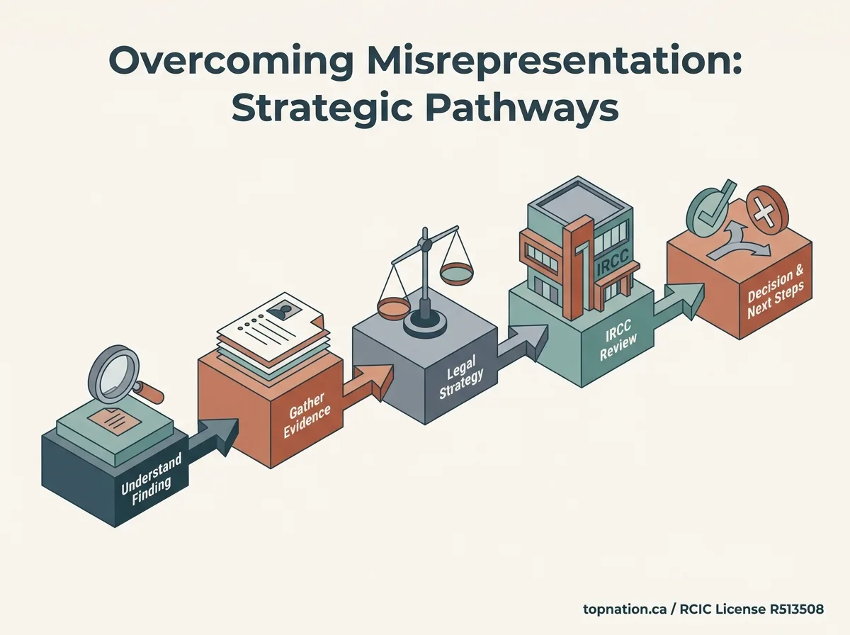 Overcoming Misrepresentation: Strategic Pathways Infographic showing 5 strategic steps to overcome a misrepresentation finding.