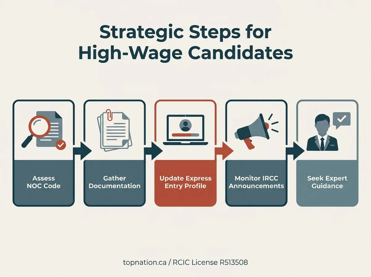Strategic Steps for High-Wage Candidates Infographic outlining 5 strategic steps for high-wage candidates applying through Express Entry, including assessing NOC codes and seeking expert guidance.