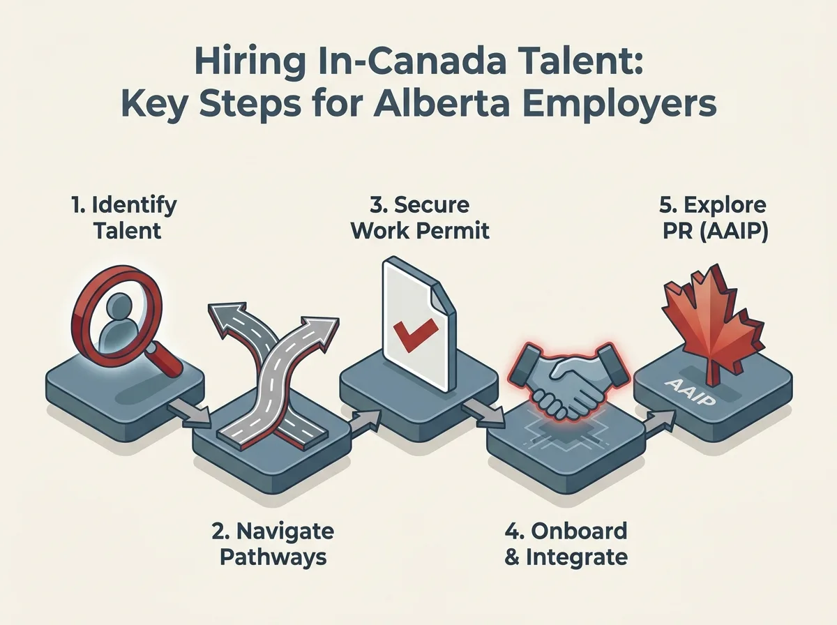 Hiring In-Canada Talent: Key Steps for Alberta Employers Infographic detailing 5 key steps for Alberta employers to hire in-Canada foreign talent.